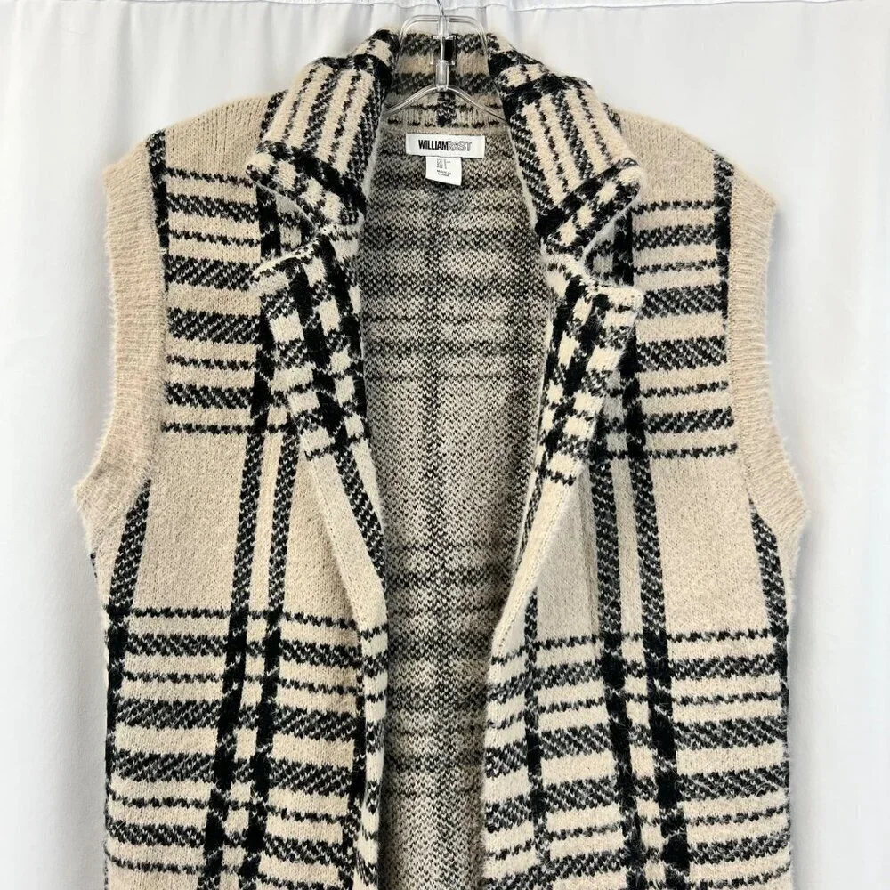 William Rast Sleeveless Collared Cardigan Beige/Black Plaid Size Small Fuzzy